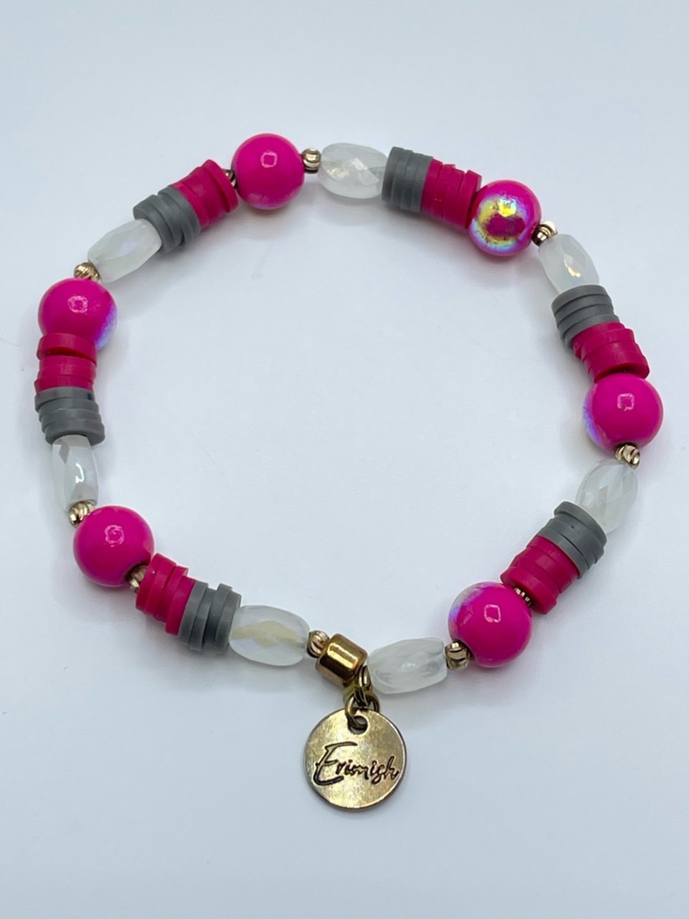 Erimish Pink Gray White Crystal Stretch Bracelet Beaded Stackable Boho
